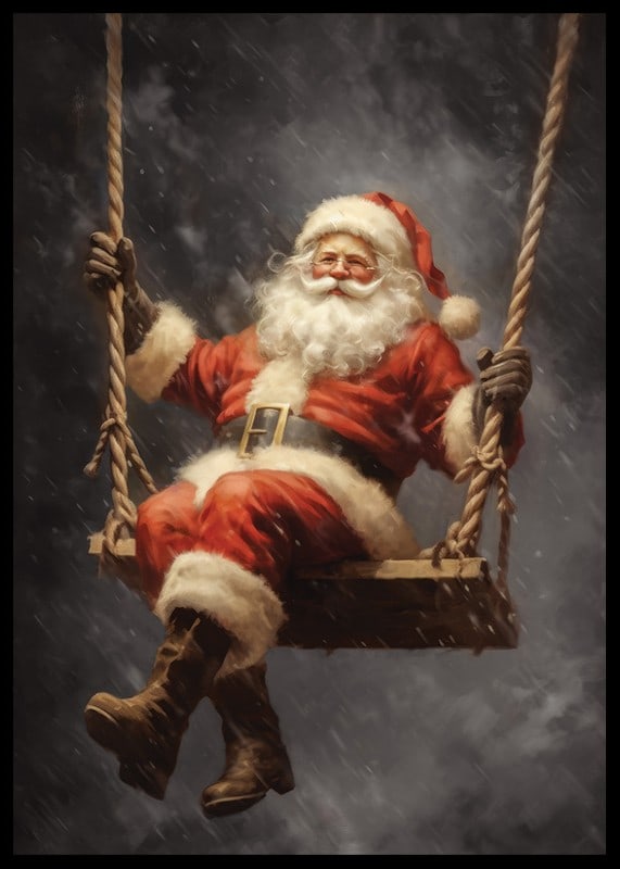 Illustrated Santa Claus on a swing against a dark background in snowfall-12