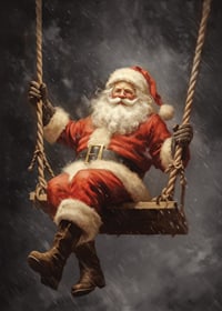 Illustrated Santa Claus on a swing against a dark background in snowfall-7