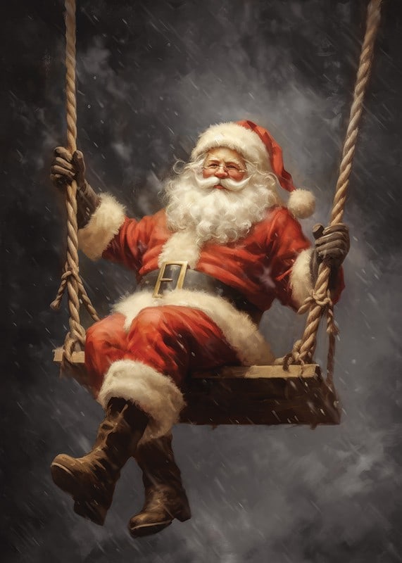 Illustrated Santa Claus on a swing against a dark background in snowfall-12