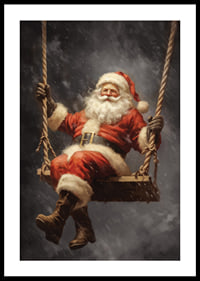 Illustrated Santa Claus on a swing against a dark background in snowfall-0