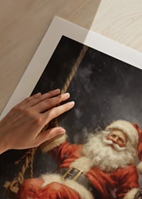 Illustrated Santa Claus on a swing against a dark background in snowfall-9