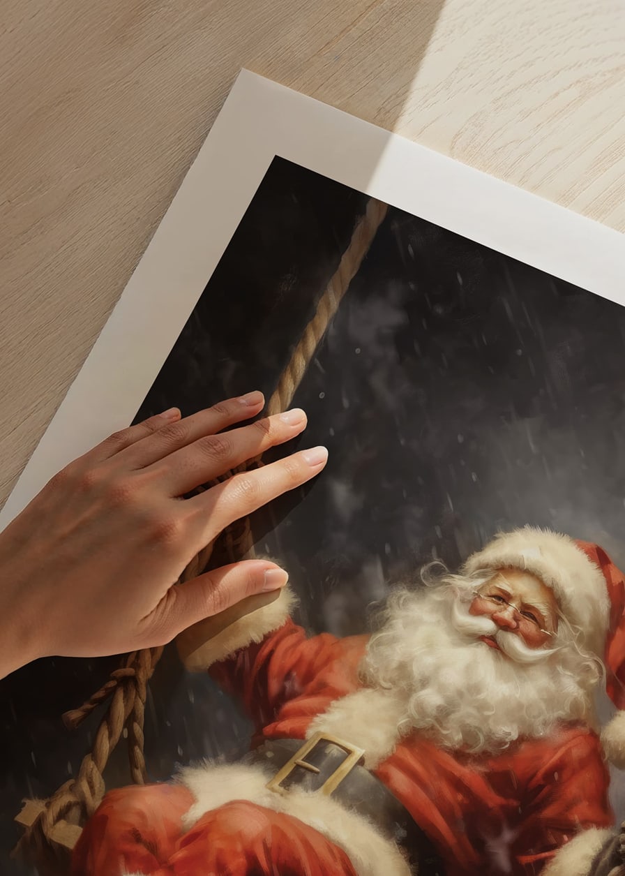 Illustrated Santa Claus on a swing against a dark background in snowfall-12