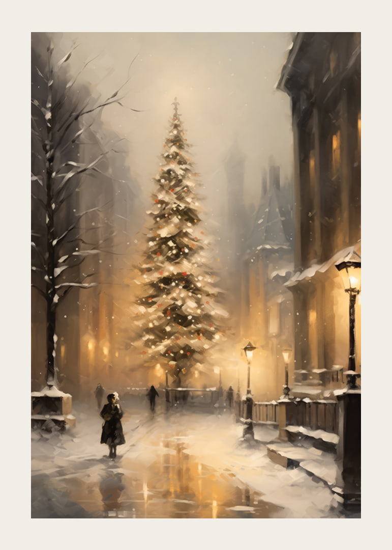 Painted Christmas tree with lights on snow-covered city street-12