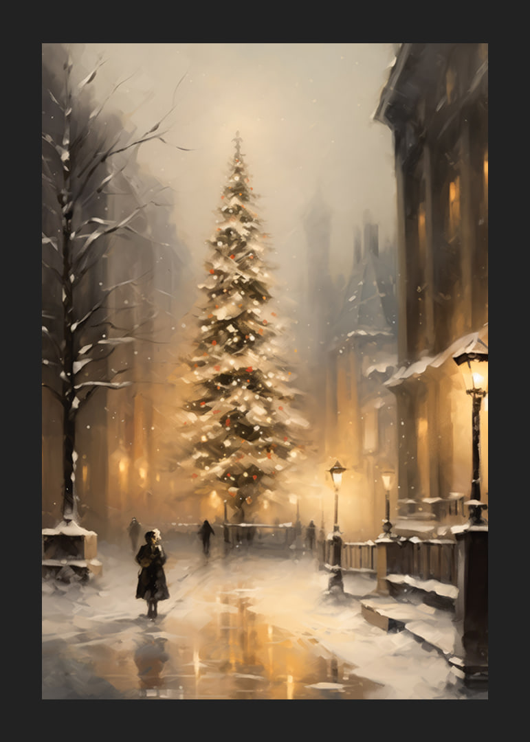 Painted Christmas tree with lights on snow-covered city street-12