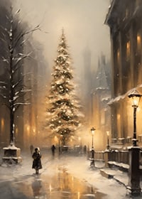 Painted Christmas tree with lights on snow-covered city street-7