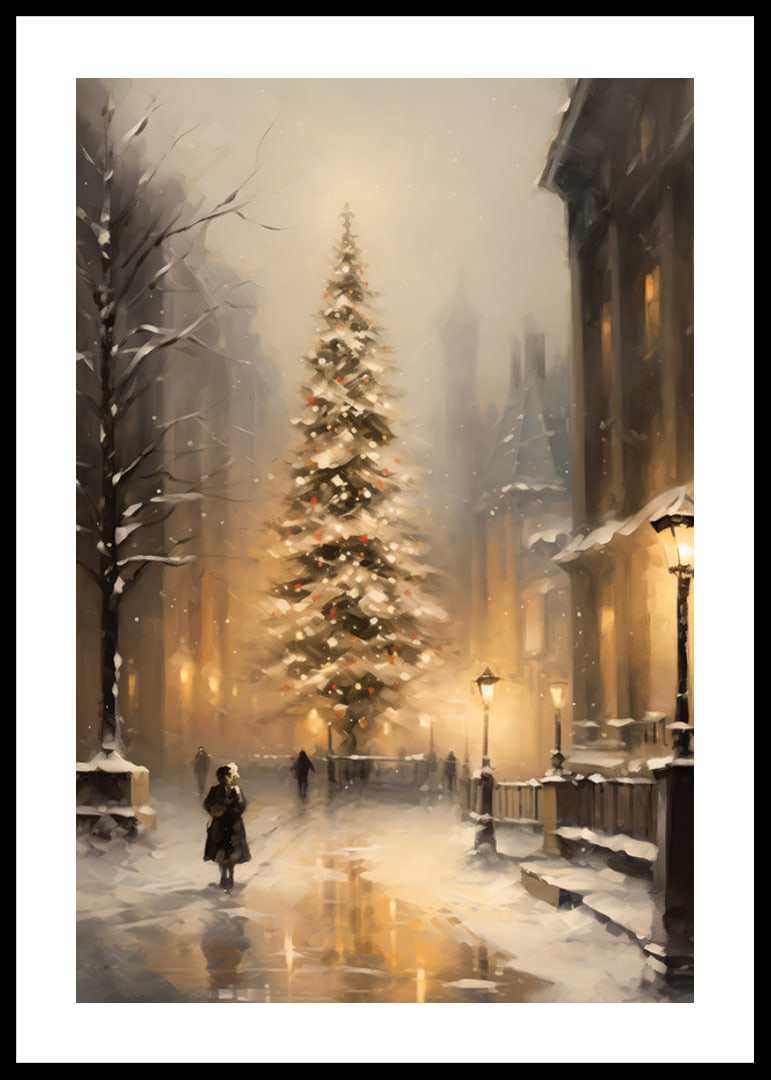 Painted Christmas tree with lights on snow-covered city street-12