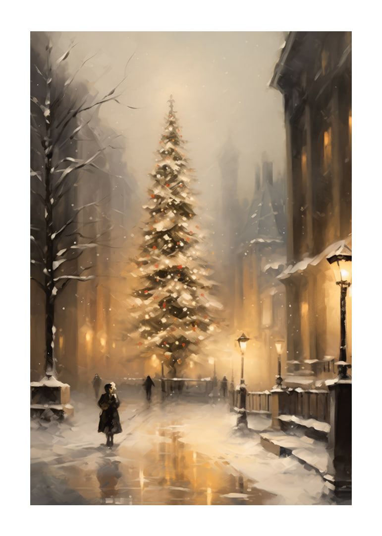 Painted Christmas tree with lights on snow-covered city street-12