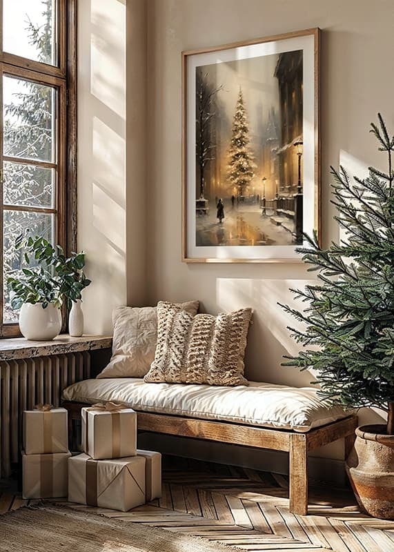 Painted Christmas tree with lights on snow-covered city street-12