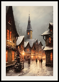 Painted winter village with snow-covered houses and Christmas tree in evening light-2