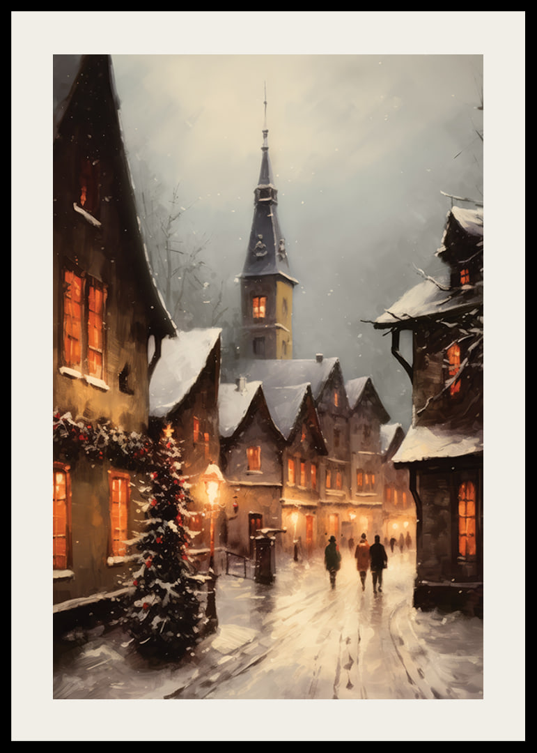 Painted winter village with snow-covered houses and Christmas tree in evening light-12
