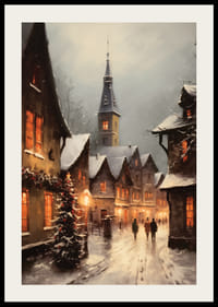 Festett téli falu hófödte házakkal és karácsonyfával esti fényben-2