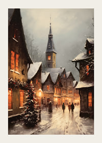 Painted winter village with snow-covered houses and Christmas tree in evening light-3