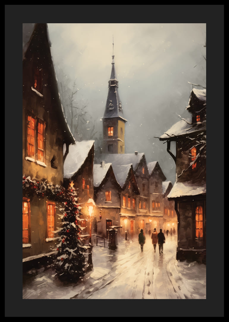 Festett téli falu hófödte házakkal és karácsonyfával esti fényben-12