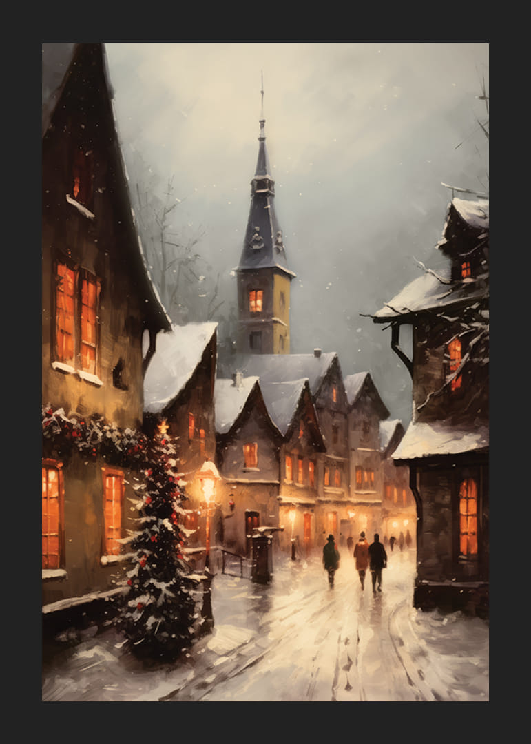 Festett téli falu hófödte házakkal és karácsonyfával esti fényben-12