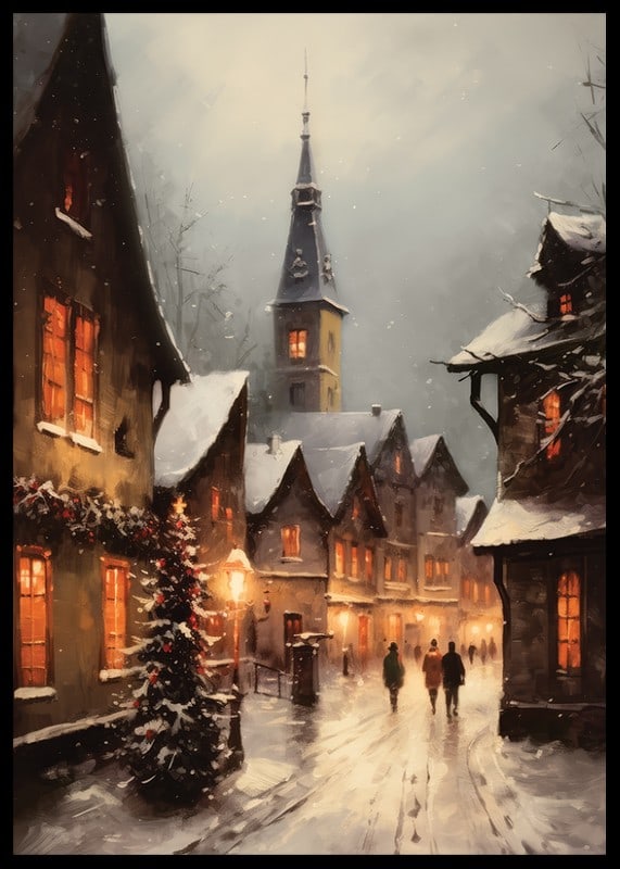 Painted winter village with snow-covered houses and Christmas tree in evening light-12