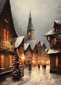Painted winter village with snow-covered houses and Christmas tree in evening light-7