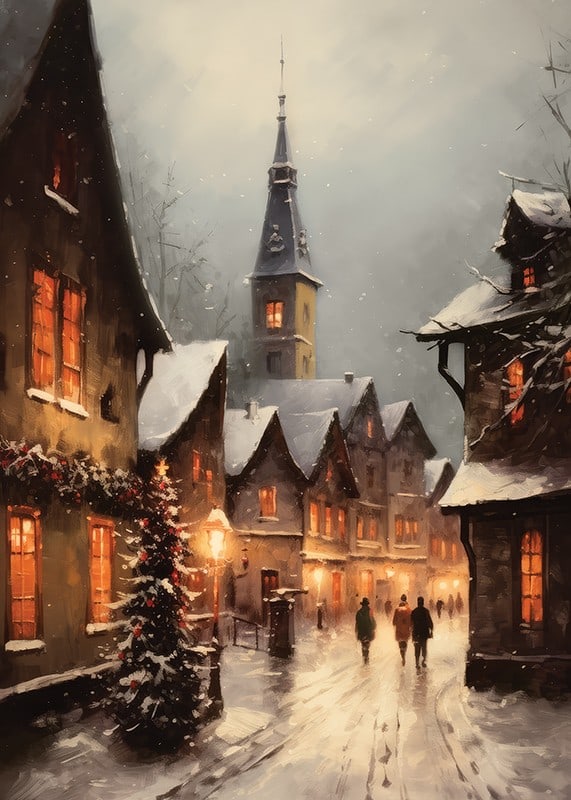 Painted winter village with snow-covered houses and Christmas tree in evening light-12