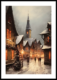 Painted winter village with snow-covered houses and Christmas tree in evening light-0