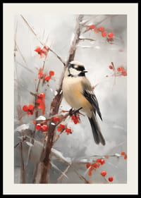 Akvarel malého vtáka na konári s červenými bobuľami a snehom.-2