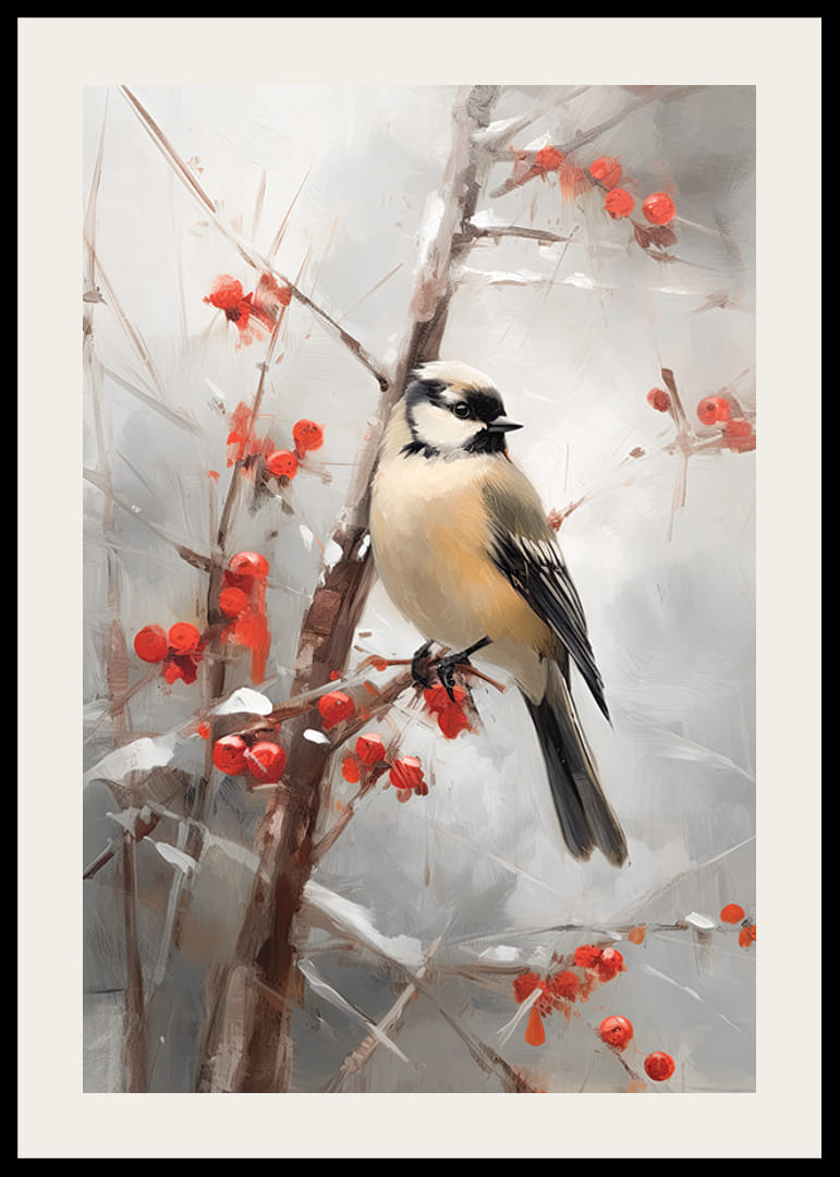 Akvarel malého vtáka na konári s červenými bobuľami a snehom.-12