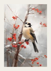 Akvarel malého vtáka na konári s červenými bobuľami a snehom.-3