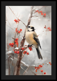 Akvarel malého vtáka na konári s červenými bobuľami a snehom.-4