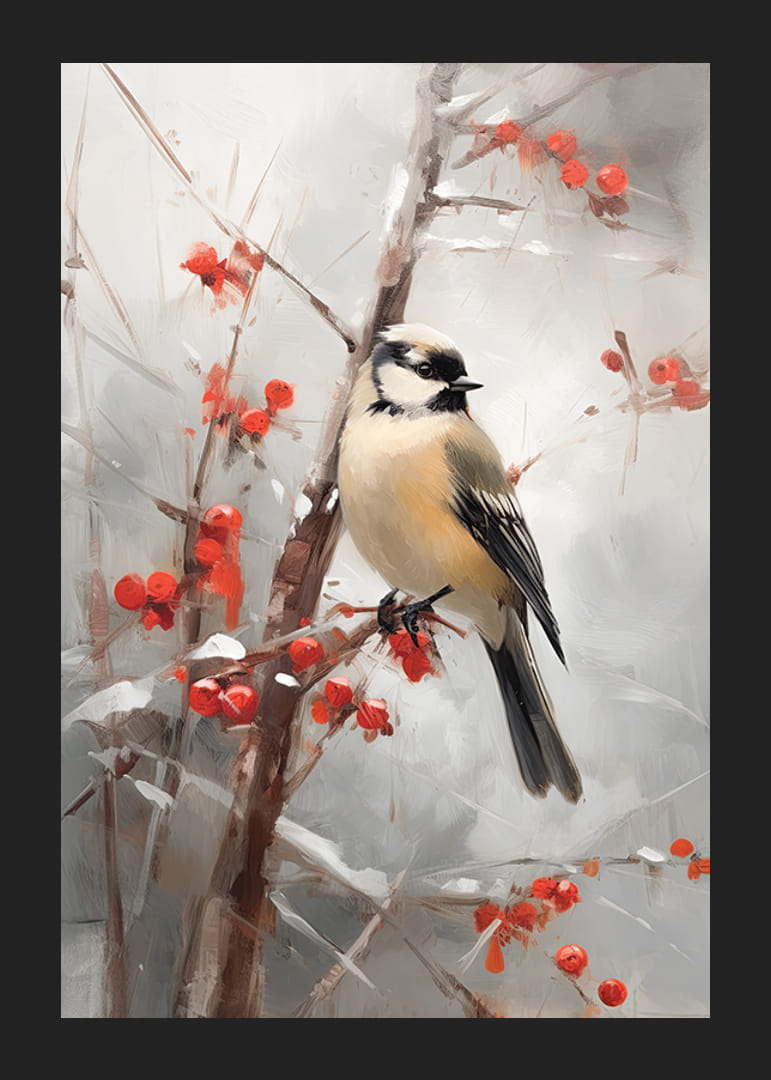 Akvarel malého vtáka na konári s červenými bobuľami a snehom.-12