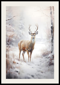 Akvarel jeleňa s parohmi v zasneženej zimnej krajine-2