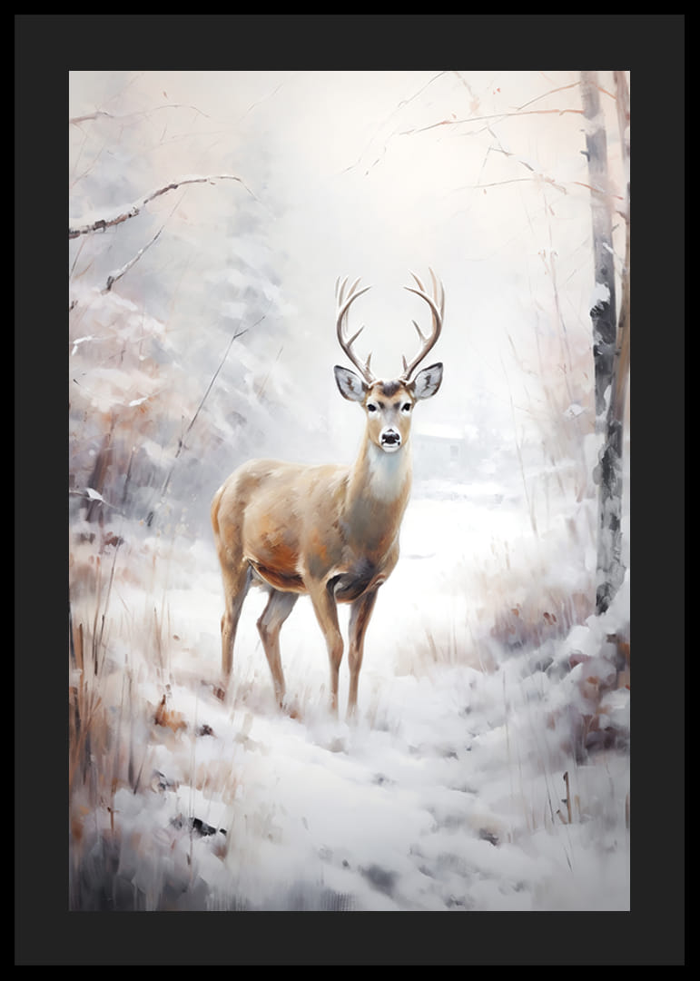 Akvarel jeleňa s parohmi v zasneženej zimnej krajine-12