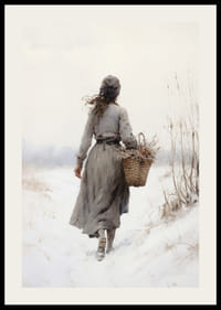 Vesiväri naisesta korin kanssa talvisella lumisella polulla hillityissä väreissä-2