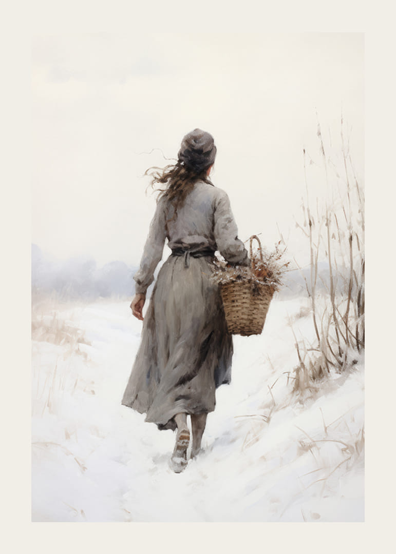 Vesiväri naisesta korin kanssa talvisella lumisella polulla hillityissä väreissä-12