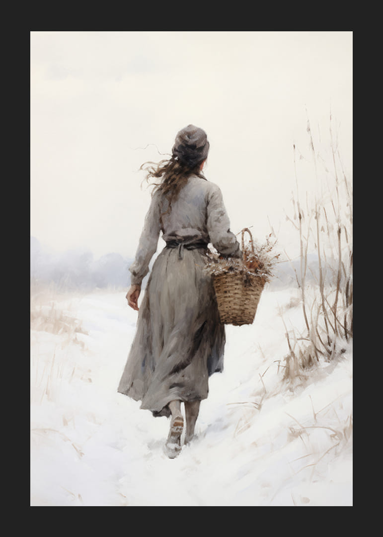 Vesiväri naisesta korin kanssa talvisella lumisella polulla hillityissä väreissä-12