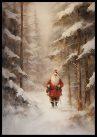 Illustrated Santa Claus walking through snow-covered forest in winter light-6