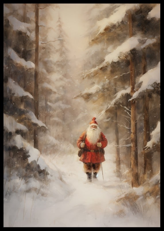 Illustrated Santa Claus walking through snow-covered forest in winter light-12