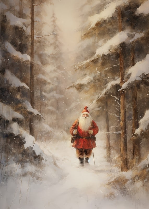 Illustrated Santa Claus walking through snow-covered forest in winter light-12