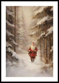 Illustrated Santa Claus walking through snow-covered forest in winter light-0