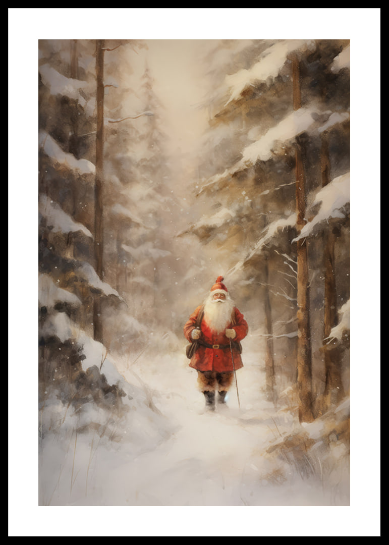 Illustrated Santa Claus walking through snow-covered forest in winter light-12