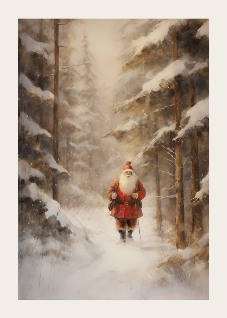 Illustrated Santa Claus walking through snow-covered forest in winter light-12