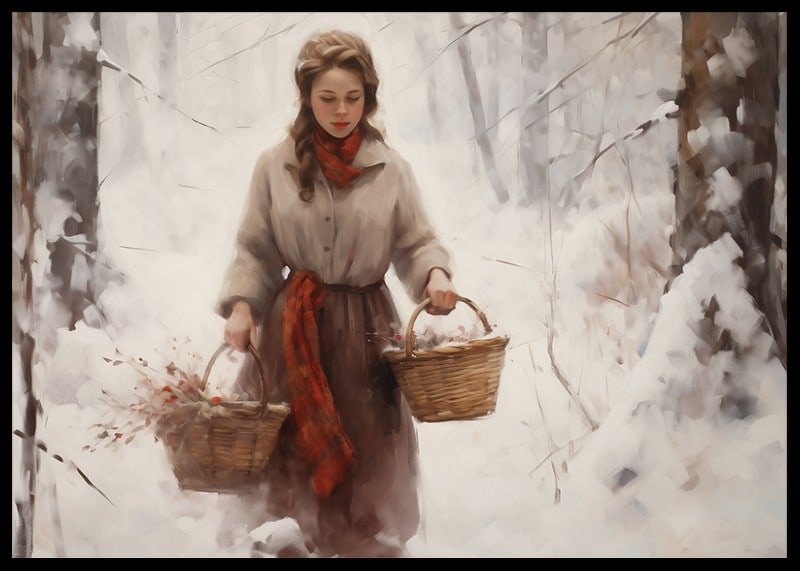 Painted woman with baskets in snow-covered forest, soft colors-12