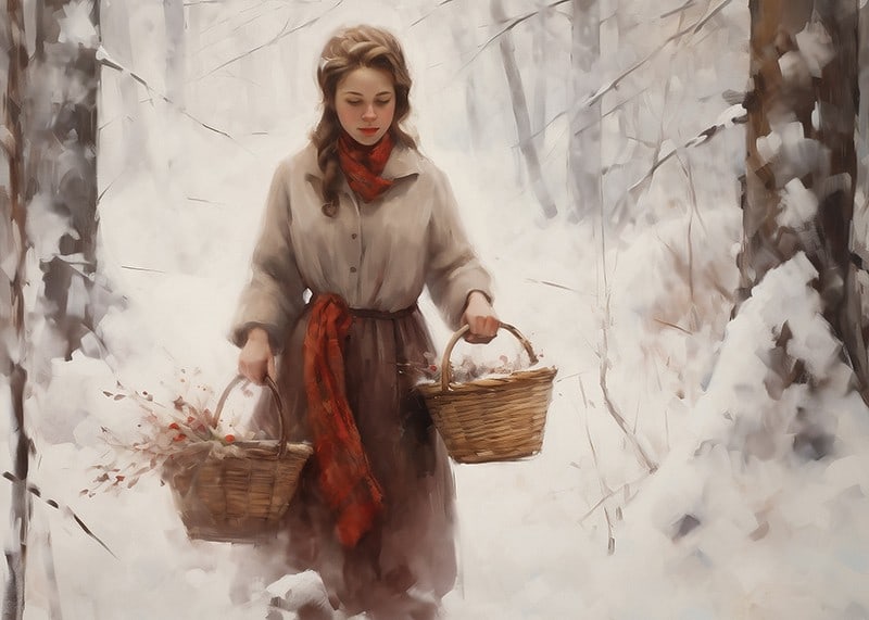 Painted woman with baskets in snow-covered forest, soft colors-12
