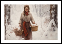 Painted woman with baskets in snow-covered forest, soft colors-0