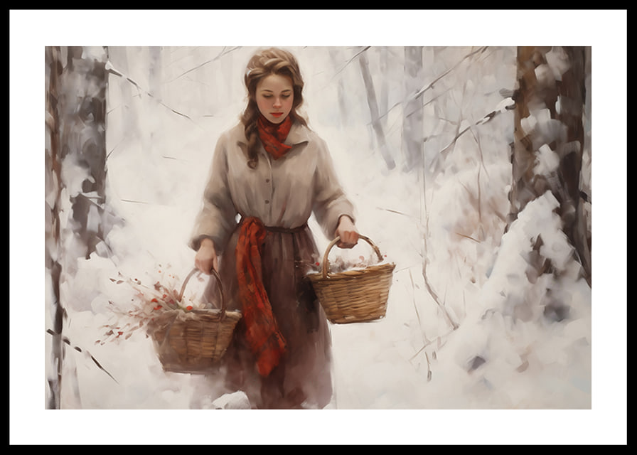 Painted woman with baskets in snow-covered forest, soft colors-12