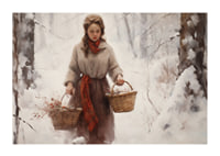 Painted woman with baskets in snow-covered forest, soft colors-1