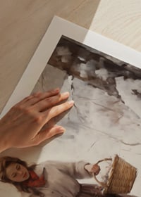 Painted woman with baskets in snow-covered forest, soft colors-9