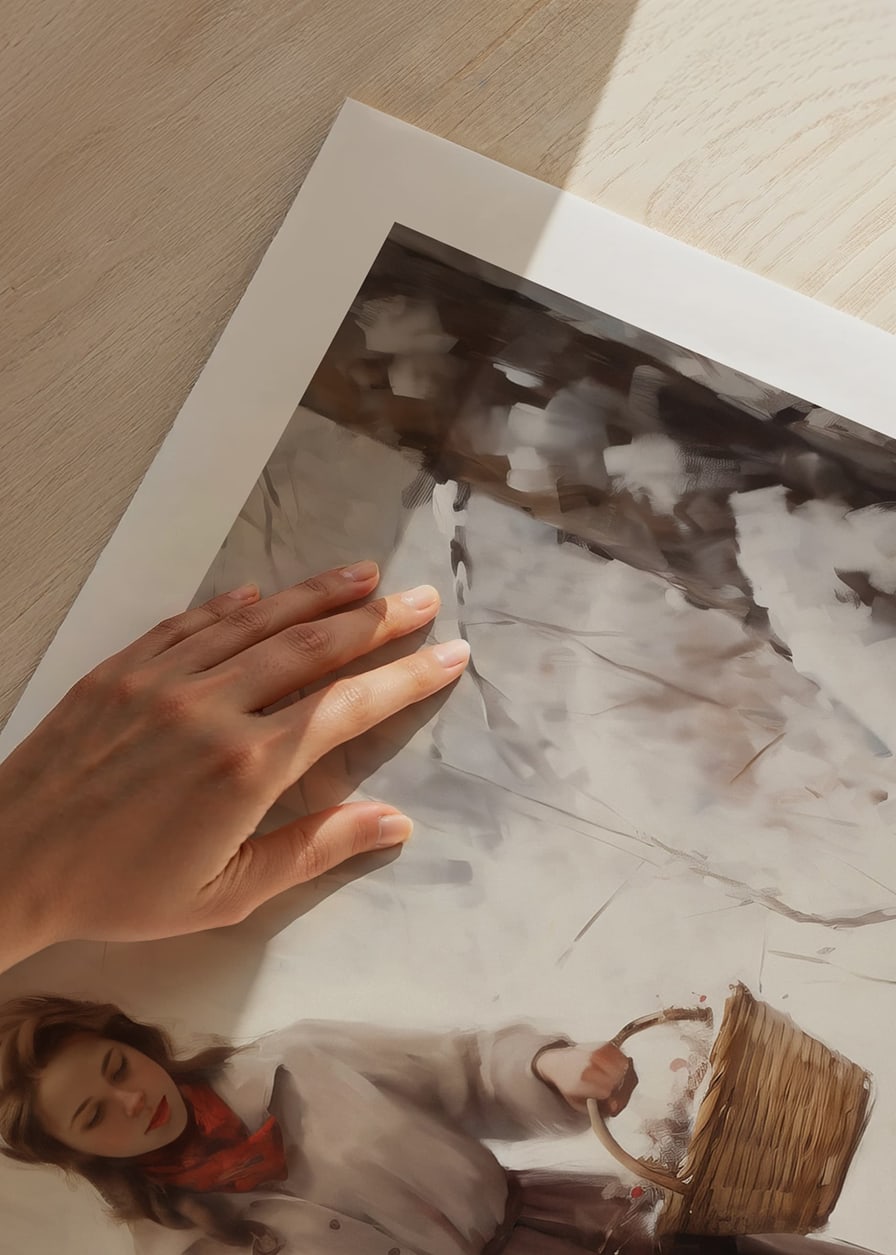 Painted woman with baskets in snow-covered forest, soft colors-12