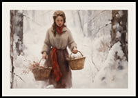 Painted woman with baskets in snow-covered forest, soft colors-2