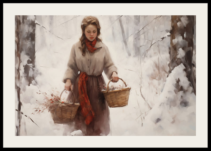 Maalattu nainen korien kanssa lumipeitteisessä metsässä, pehmeät värit-12