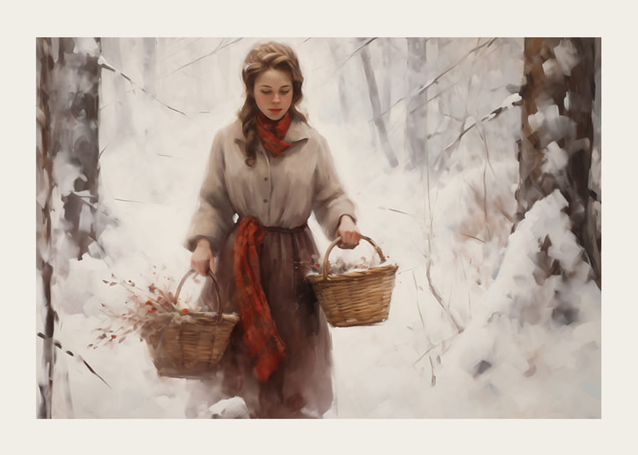 Maalattu nainen korien kanssa lumipeitteisessä metsässä, pehmeät värit-12