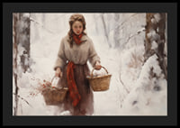 Painted woman with baskets in snow-covered forest, soft colors-4