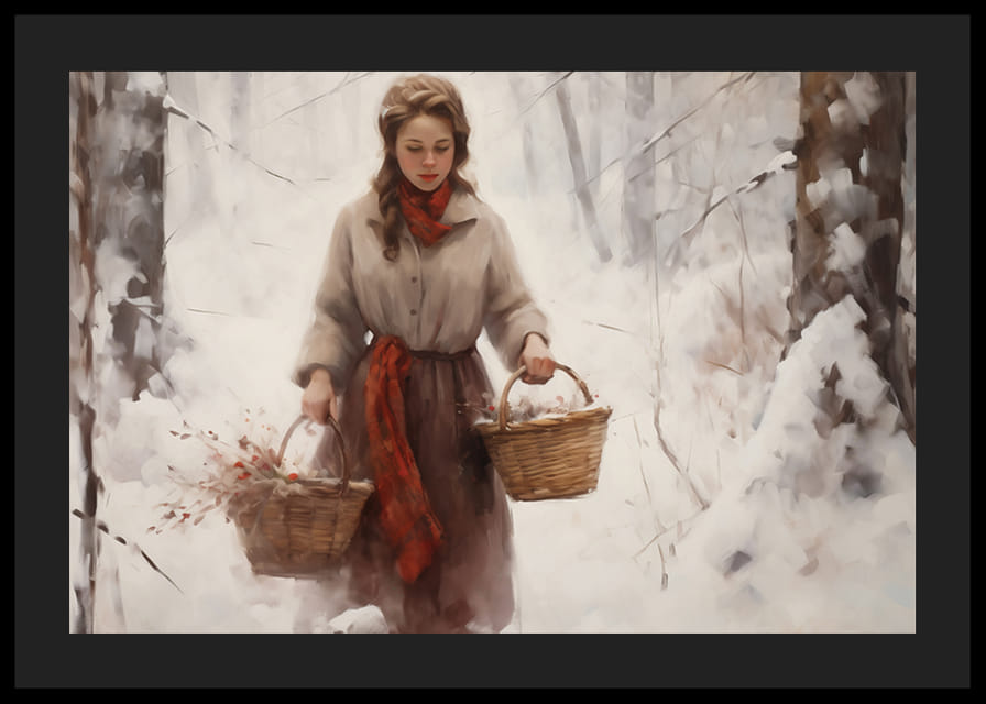 Maalattu nainen korien kanssa lumipeitteisessä metsässä, pehmeät värit-12